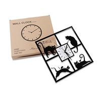 Raguso Modern Silent Black Cat Style Wall Clock Non ticking Silver Aluminum Frame Glass Cover Decorative for Bedroom Home Office Coffee Restaurant Decoration