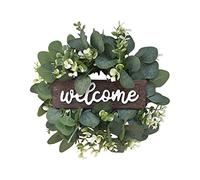Ragyzity Artificial Green Leaf Eucalyptus Wreath, 35 cm /13.8inch All Seasons Door Wreath with Welcome Sign, Outdoor Ornaments for Home Bedroom Wall Party and Festival Celebration Decor