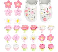 Raheem 24pcs Flower Croc Charms,Pink Shoe Charms Women Cherry Blossom Crocs Jibbitz for Adults Kids Women Girls Cute DIY Clog Accessories for Sandals Water Shoes Birthday Gifts