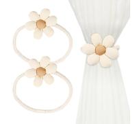 Raheem 2Pcs Magnetic Curtain Tie Backs Flower Shaped Holders with Strong Magnets for All Curtains No-Tools Installation Beige Fabric Tiebacks for Living Room Bedroom Home Decor