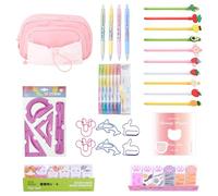 Raheem 34Pcs Beautiful Stationery Set with 5-Layer Drawstring Pink Cute Pencil Case,10 Gel Pens,6 Dual-Color Highlighters,4 Mechanical Pencils,1 Ruler Set,240 Notes Pages,6 Paper Clips,1 Sticky Note