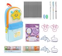 Raheem 35Pcs Cute Pencil Case Beautiful Stationery Set with Blue Star Pencil Pouch, 3 Gel Ink Rollerball Pens (0.5mm) with 20 Refills, 2 Erasers, 240 Notes Pages, 6 Paper Clips,1 Sticky Note (Blue)