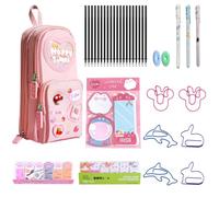 Raheem 35Pcs Cute Pencil Case Beautiful Stationery Set with Cherry Girl Pencil Pouch, 3 Gel Ink Rollerball Pens (0.5mm) with 20 Refills, 2 Erasers, 240 Notes Pages,6 Paper Clips,1 Sticky Note (Pink)