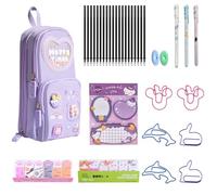 Raheem 35Pcs Cute Pencil Case Beautiful Stationery Set with Ice Cream Bear Pencil Pouch,3 Gel Ink Rollerball Pens (0.5mm) with 20 Refills,2 Erasers,240 Notes Pages,6 Paper Clips,1 Sticky Note (Purple)
