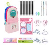 Raheem 35Pcs Cute Pencil Case Beautiful Stationery Set with Pink Tree Pencil Pouch, 3 Gel Ink Rollerball Pens (0.5mm) with 20 Refills, 2 Erasers, 240 Notes Pages, 6 Paper Clips,1 Sticky Note (Pink)