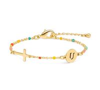 Raicegs Cross Bracelet with Initial 18K Gold Initial Bracelets for Women Teen Colorful Dainty Link Chain Bracelets Christian Gifts for Women Faith Jewelry, 6.5+2 inches, no gemstone
