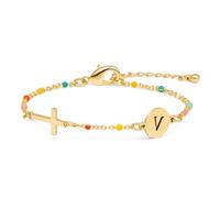 Raicegs Cross Bracelet with Initial 18K Gold Initial Bracelets for Women Teen Colorful Dainty Link Chain Bracelets Christian Gifts for Women Faith Jewelry, 6.5+2 inches, no gemstone