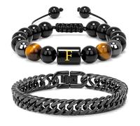 Raicegs Men's Initial Bracelet Set; Stainless Steel Bracelets in Black Obsidian, Tigers Eye, Hematite - 7.9" Cuban Link Chain - Stress Relief & Anxiety Gifts, 7.9inches, Stone, no gemstone