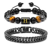 Raicegs Men's Initial Bracelet Set; Stainless Steel Bracelets in Black Obsidian, Tigers Eye, Hematite - 7.9" Cuban Link Chain - Stress Relief & Anxiety Gifts, 7.9inches, Stone, no gemstone