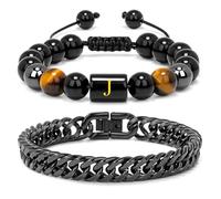 Raicegs Men's Initial Bracelet Set; Stainless Steel Bracelets in Black Obsidian, Tigers Eye, Hematite - 7.9" Cuban Link Chain - Stress Relief & Anxiety Gifts, 7.9inches, Stone, no gemstone