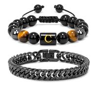 Raicegs Men's Initial Bracelet Set; Stainless Steel Bracelets in Black Obsidian, Tigers Eye, Hematite - 7.9" Cuban Link Chain - Stress Relief & Anxiety Gifts, 7.9inches, Stone, no gemstone