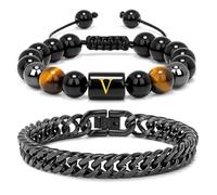 Raicegs Men's Initial Bracelet Set; Stainless Steel Bracelets in Black Obsidian, Tigers Eye, Hematite - 7.9" Cuban Link Chain - Stress Relief & Anxiety Gifts, 7.9inches, Stone, no gemstone