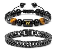 Raicegs Men's Initial Bracelet Set; Stainless Steel Bracelets in Black Obsidian, Tigers Eye, Hematite - 7.9" Cuban Link Chain - Stress Relief & Anxiety Gifts, 7.9inches, Stone, no gemstone