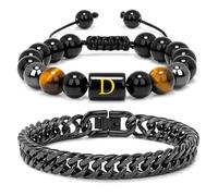 Raicegs Men's Initial Bracelet Set; Stainless Steel Bracelets in Black Obsidian, Tigers Eye, Hematite - 7.9" Cuban Link Chain - Stress Relief & Anxiety Gifts, 7.9inches, Stone, no gemstone