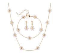 Raicegs Pearl Jewelry Set for Women Wedding Pearl Necklace Bracelet Earrings Set Bride Bridesmaid Dainty Jewelry Gift for Women Girl, Brass, No Gemstone