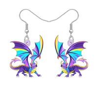 RAIDIN Acrylic Cute Fantasy Flying Dragon Dangle Earrings for Women Dinosaur Gothic Animal Dino Jewellery Accessories Myth Medieval Gifts for Dragon Lovers (Purple)