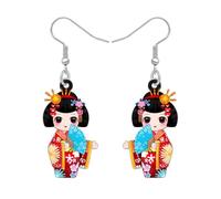 RAIDIN Acrylic Cute Traditional Japanese Kokeshi Doll Dangle Earrings Gift for Women Hypoallergenic Japanese Cultural Kimono Jewellery for Anime Fans Cosplay Party Decorations (Red)