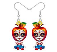 RAIDIN Acrylic Day of the Dead Sugar Skull Voodoo Doll Dangle Earrings Halloween Holiday Gifts for Women, Spooky Mexican Style, Creepy Dolls Costume Jewellery Accessories (Red)