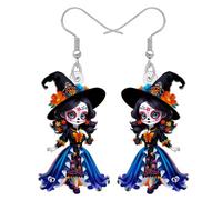 RAIDIN Acrylic Day of the Dead Sugar Skull Voodoo Doll Dangle Earrings Halloween Holiday Gifts for Women, Spooky Mexican Style, Creepy Dolls Costume Jewellery Accessories (Navy)