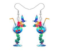 RAIDIN Acrylic Fun Hawaiian Tropical Cocktail Fruit Drink Wine Glass Earrings Dangle for Women Cute Butterfly with Flower Margarita Earrings Summer Jewellery for Beach Holiday Gifts (Blue)