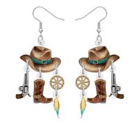 RAIDIN Acrylic Funny Cowboy Cowgirl Boots Hat Dangle Earrings Western Gifts for Women Mom Cute Unique Jewellery Equestrian Gifts for Rodeo Country Music Lovers (Beige)