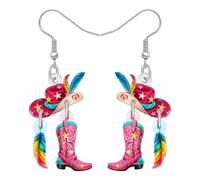 RAIDIN Acrylic Funny Cowboy Cowgirl Boots Hat Dangle Earrings Western Gifts for Women Mom Cute Unique Jewellery Equestrian Gifts for Rodeo Country Music Lovers (Pink)