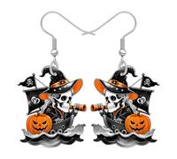 RAIDIN Acrylic Gothic Halloween Pirate Skull Dangle Earrings Weird Holiday Gifts for Women, Spooky Pumpkin with Pirate Boat Design, Halloween Costume Jewellery Accessories (Grey)