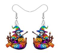 RAIDIN Acrylic Gothic Halloween Pirate Skull Dangle Earrings Weird Holiday Gifts for Women, Spooky Pumpkin with Pirate Boat Design, Halloween Costume Jewellery Accessories (Colorful)