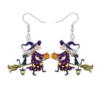 RAIDIN Acrylic Halloween Mystery Witch Magic Broom Dangle Earrings Holiday Gifts for Women, Spooky Pumpkin and Black Cat Design, Halloween Costume Jewellery Accessories (Purple)