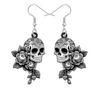 RAIDIN Acrylic Spooky Day of the Dead Sugar Skull Dangle Earrings Halloween Holiday Gifts for Women, Gothic Mexican Folk Art Design, Halloween Costume Jewellery Accessories (Grey)