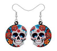 RAIDIN Acrylic Spooky Day of the Dead Sugar Skull Dangle Earrings Weird Holiday Gifts for Women, Gothic Mexican Folk Art Design, Halloween Costume Jewellery Accessories (Colorful)