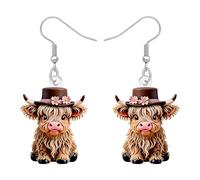 RAIDIN Cute Highland Cow Dangle Earrings Scottish Gifts for Women, Cartoon Farm Animal Cattle Jewellery Design, Acrylic Drop Earrings with Bathtub and Hat Styles (Brown)