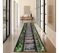 Railway Runner Rug, 60x200cm Train Track Grass Cobblestone Train Runway Fun Runner Rugs, Non-Slip Durable Absorbent Easy Clean Long Hallway Carpet for Living Room Bedroom Dining Room Bathroom