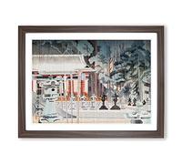 Rain At The Temple By Kamei Tobei Asian Japanese Framed Wall Art Print, Ready to Hang Picture for Living Room Bedroom Home Office Décor, Walnut A4 (34 x 25 cm)