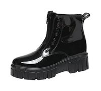 Rain Boots for Women Men Women's Glossy Boot Fashion Comfortable Wider Calf Fitting Waterproof Wellies Motorbike Soft Wool Lining Black