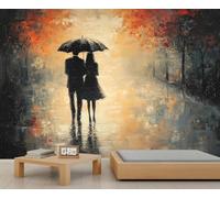 Rain Couple Mural Autumn Forest Wallpaper Impressionist Painting Wall Mural Panoramic Office Reception Studio Backdrop Custom Photo Wallpaper (Non-self-Adhesive)