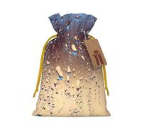 Rain Drops on Glass Printed Christmas Drawstring Bags with Yellow Christmas Ribbon - Reusable Burlap Drawstring Gift Pouches, S