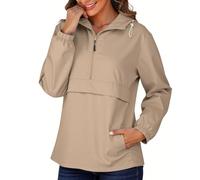 Rain Jacket Womens Retro Sport Half Zip Running Jacket Showerproof | Ladies Urban Pullover Windbreaker Anorak for Walking Khaki
