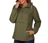 Rain Mac Women Womens Retro Sport Half Zip Running Jacket Showerproof | Ladies Urban Pullover Windbreaker Anorak for Walking Army Green