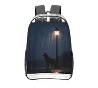 Rain Night Wolf Clear Backpack 16 Inch Heavy Duty-Stadium Approved Transparent PVC Bookbag, Reinforced Bottom Travel Daypack Unisex
