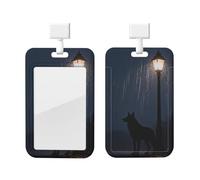 Rain Night Wolf Id Badge Holder with Lanyard-Vertical Card Protector Clear Abs Hard Shell, Retractable Reel for Work Office