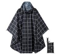 Rain Poncho Jacket Coat Hooded Zipper Style for Women/Men/Adult with Pocket, Black Large Plaid, One size
