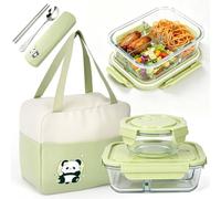 RAIN QUEEN 3 Compartments Glass Lunch Box Set with Soup Bowl, Storage Bag and Cutlery Portable Bento Box Set for School Work Picnic Travelling Leak Proof Food Storage Box