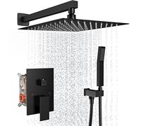 Rain Shower System 12 Inches Shower Head with Handheld Combo Set for Bathroom,High Pressure Rainfall Shower Faucet Set Wall Mounted,Rough-in Valve and Trim Kit(Matte Black)