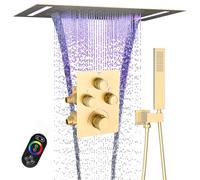 Rain Shower System, 2 in 1 Functions Rainfall Waterfall 14x20 Inch Ceiling Mount LED Shower Head with Square Handheld, Push Button Thermostatic Shower Valve Can All Run Together, Brushed Gold