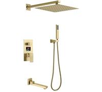 Rain Shower System, Wall Mounted Digital Display, Brushed Bathroom Mixer Shower Set with 10-12 Inch Rainfall Shower Head and Tub Taps, Complete Shower Set