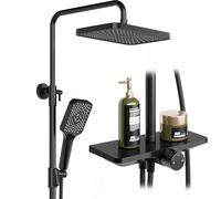 Rain Shower, Without Taps, with Shelf, Shower System with Stainless Steel Shower Head, Adjustable Shower Column, Square Shower Head, 25 x 25 cm, Black