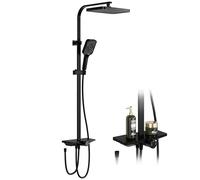 Rain Shower, Without Taps, with Shelf, Shower System with Stainless Steel Shower Head, Adjustable Shower Column, Square Shower Head, 25 x 25 cm, Black