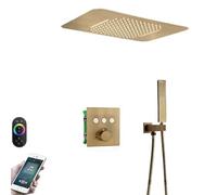 Rain Waterfall Bathroom Thermostatic Shower Faucet Set,Ceiling Embedded 23 * 15 Inch Led Shower Head with Music Speaker System(K Antique Brass)