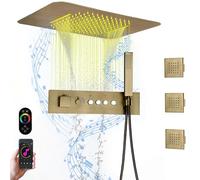 Rain Waterfall Bathroom Thermostatic Shower Faucet Set,Ceiling Embedded 23 * 15 Inch Led Shower Head with Music Speaker System(E Antique Brass)